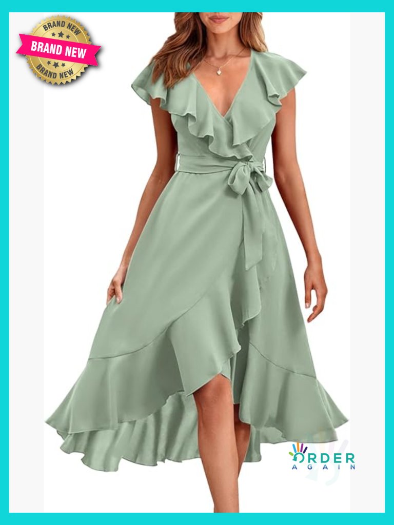 Boho Wrap Midi Dress Short Sleeve Ruffle Hem Split Beach Long Dress Tie Waist